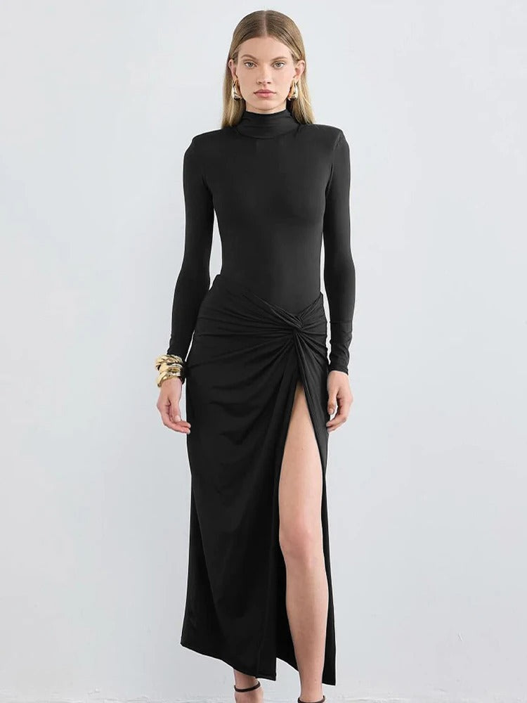Black High Neck Draped Maxi Dress